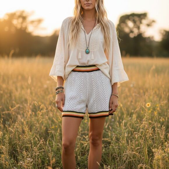 Unbranded Pants - Chevron Lace Knit Shorts MED White Open Weave Sheer Boho Festival Beach Hippy